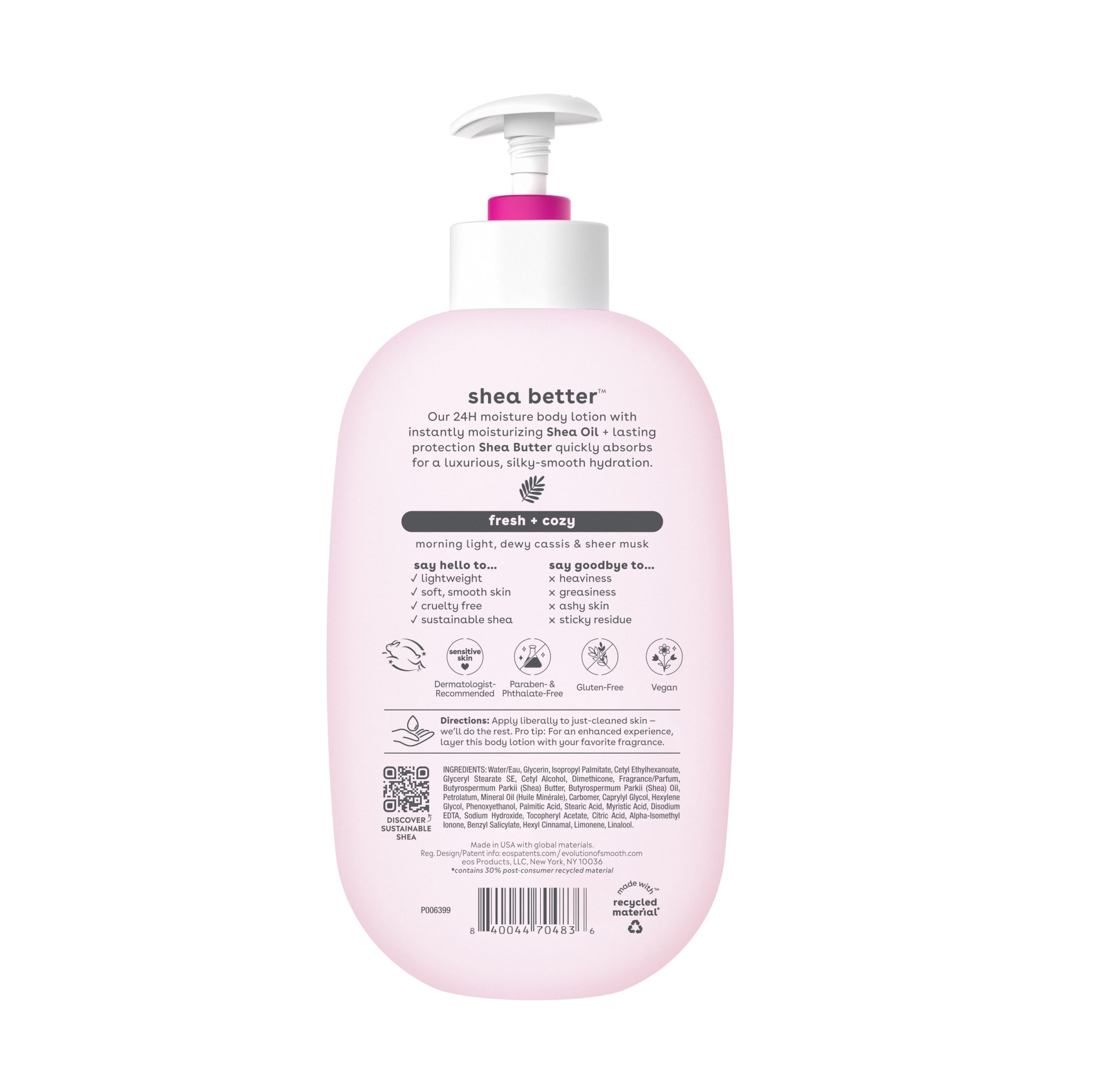 eos Shea Better Body Lotion, Fresh & Cozy, 24-Hour Moisture Skin Care, Lightweight & Non-Greasy, Natural Shea, Vegan, 16 fl oz