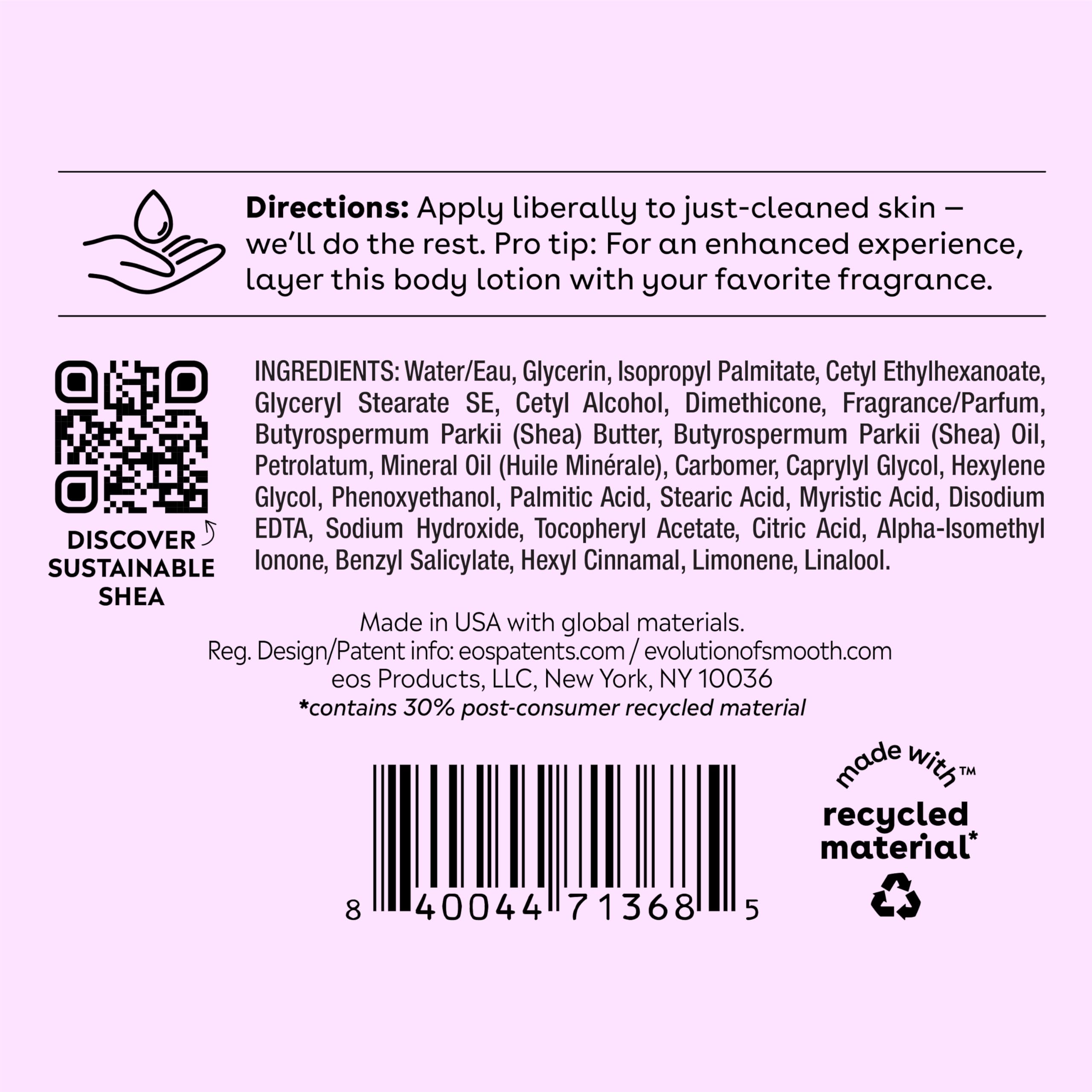 eos Shea Better Body Lotion, Fresh & Cozy, 24-Hour Moisture Skin Care, Lightweight & Non-Greasy, Natural Shea, Vegan, 16 fl oz